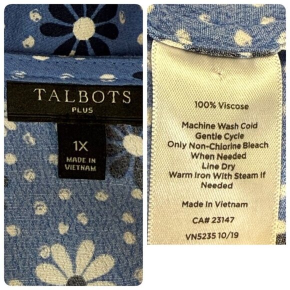 Talbots Plus 1X Blue White Floral Daisey Faux Wrap V Neck Blouse Cottage Boho - Picture 10 of 10